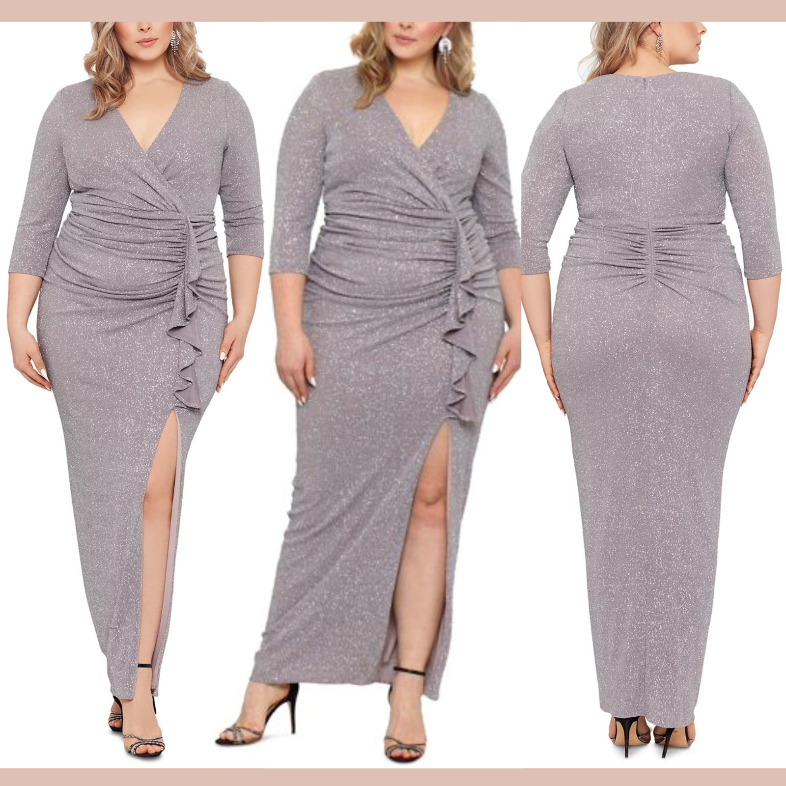 Nwt $269 Betsy & Adam [ 16w ] Metallic Ruched Long-Sleeve Gown In Silver #S2066